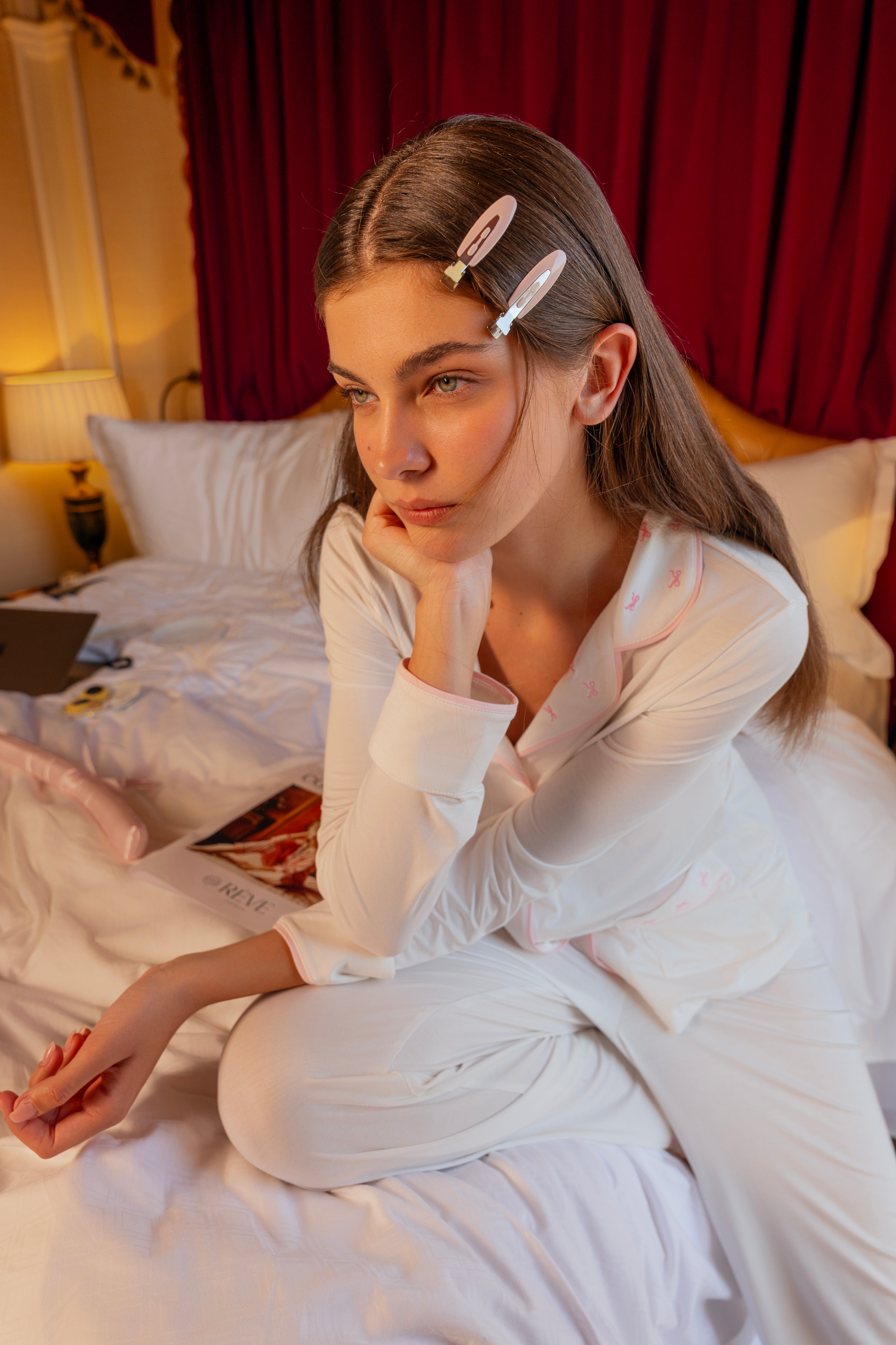 Ciel Long Set in White with Pink Embroidery - Bows
