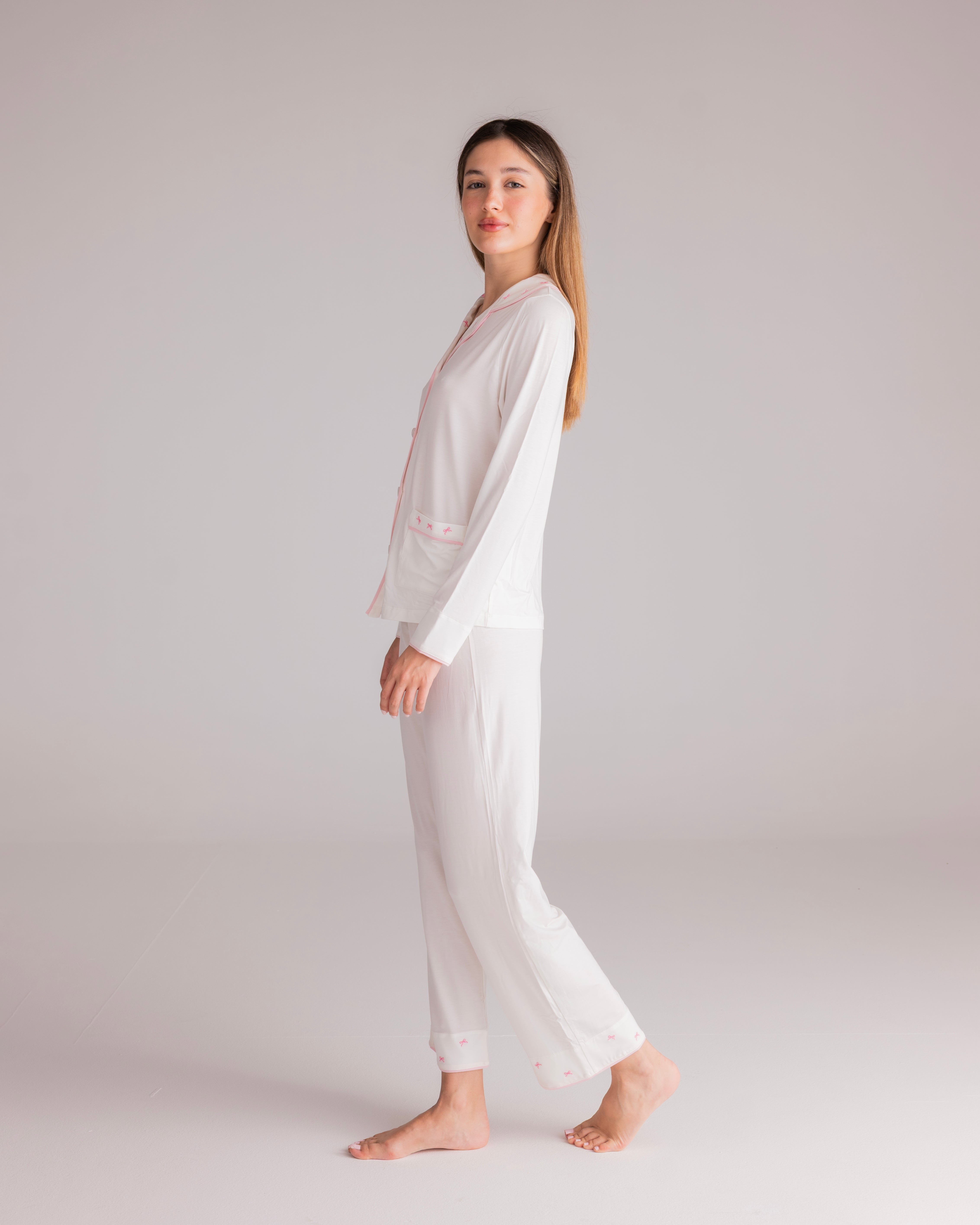 Ciel Long Set in White with Pink Embroidery - Bows