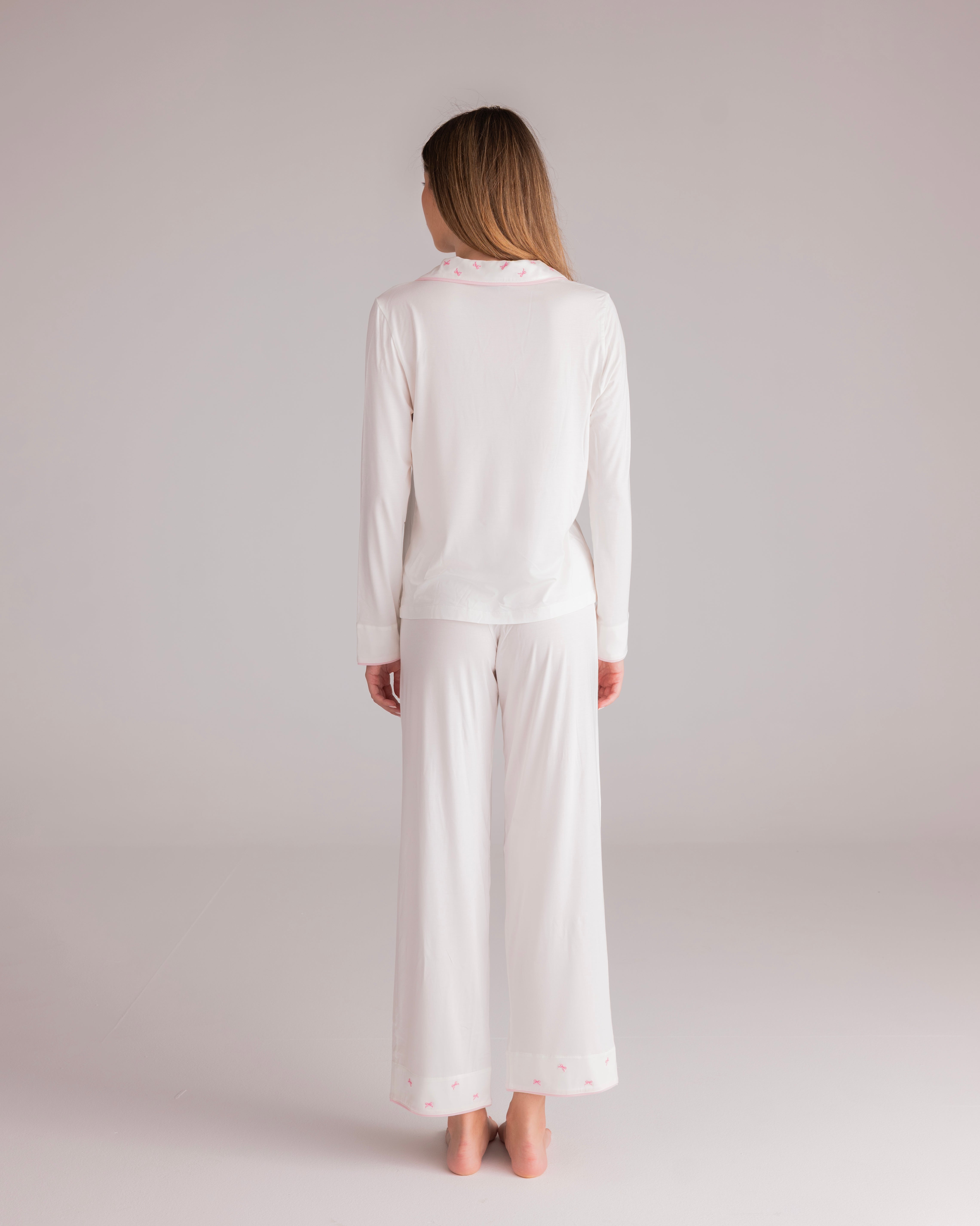 Ciel Long Set in White with Pink Embroidery - Bows
