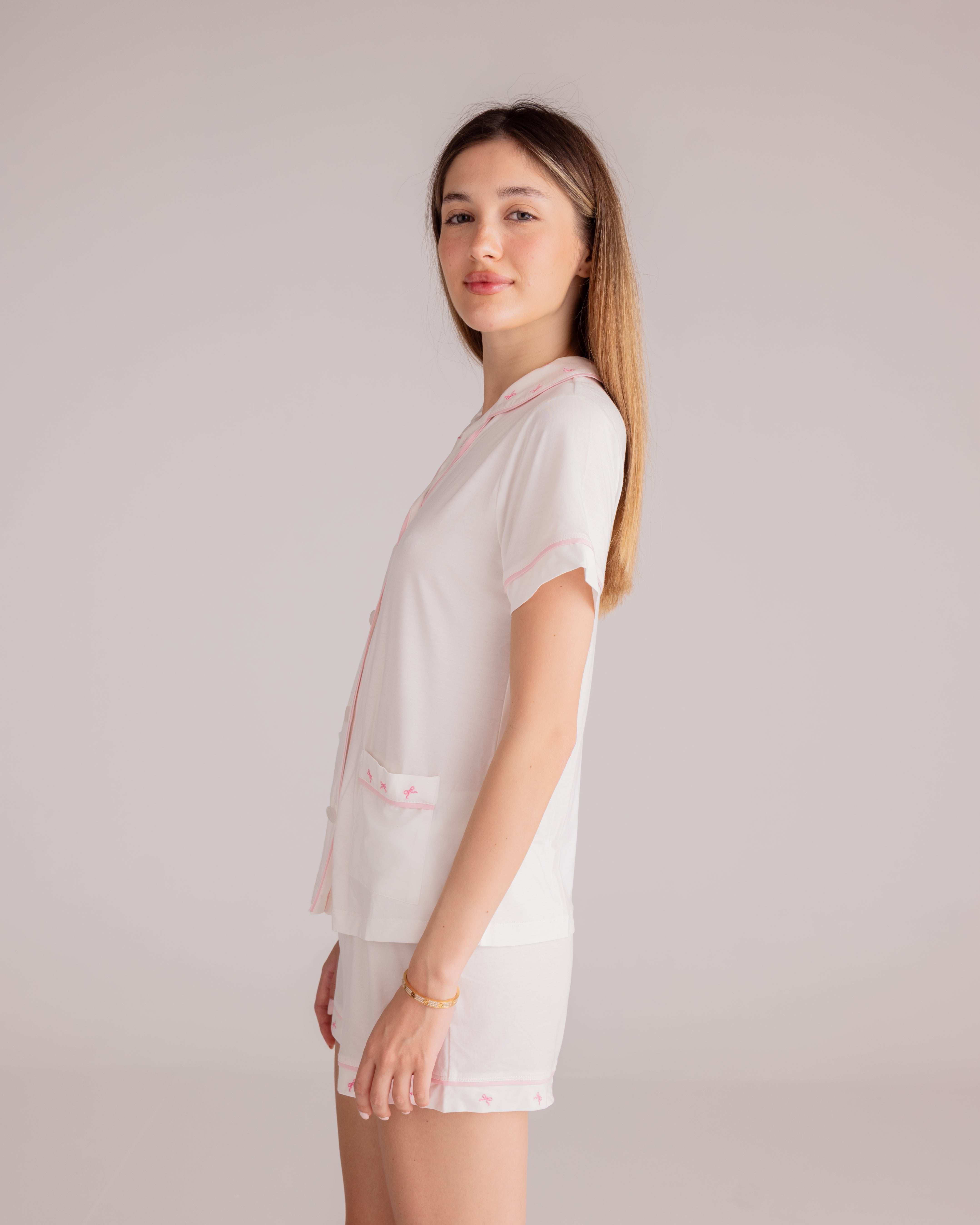 Ciel Short Set in White with Pink Embroidery - Bows