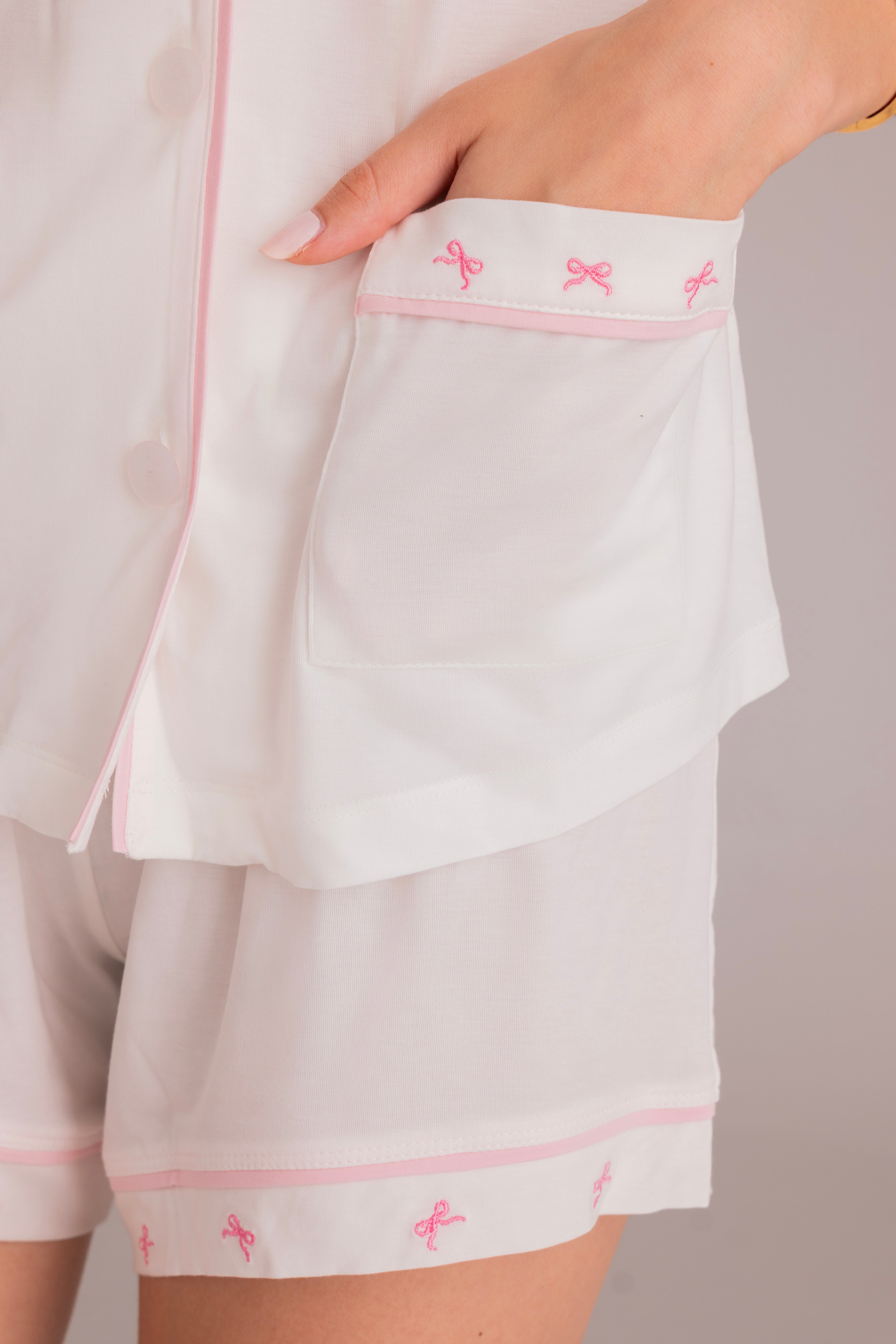Ciel Short Set in White with Pink Embroidery - Bows