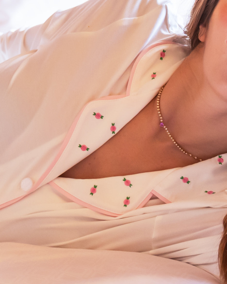 Ciel Short Set in White with Pink Embroidery - Flowers