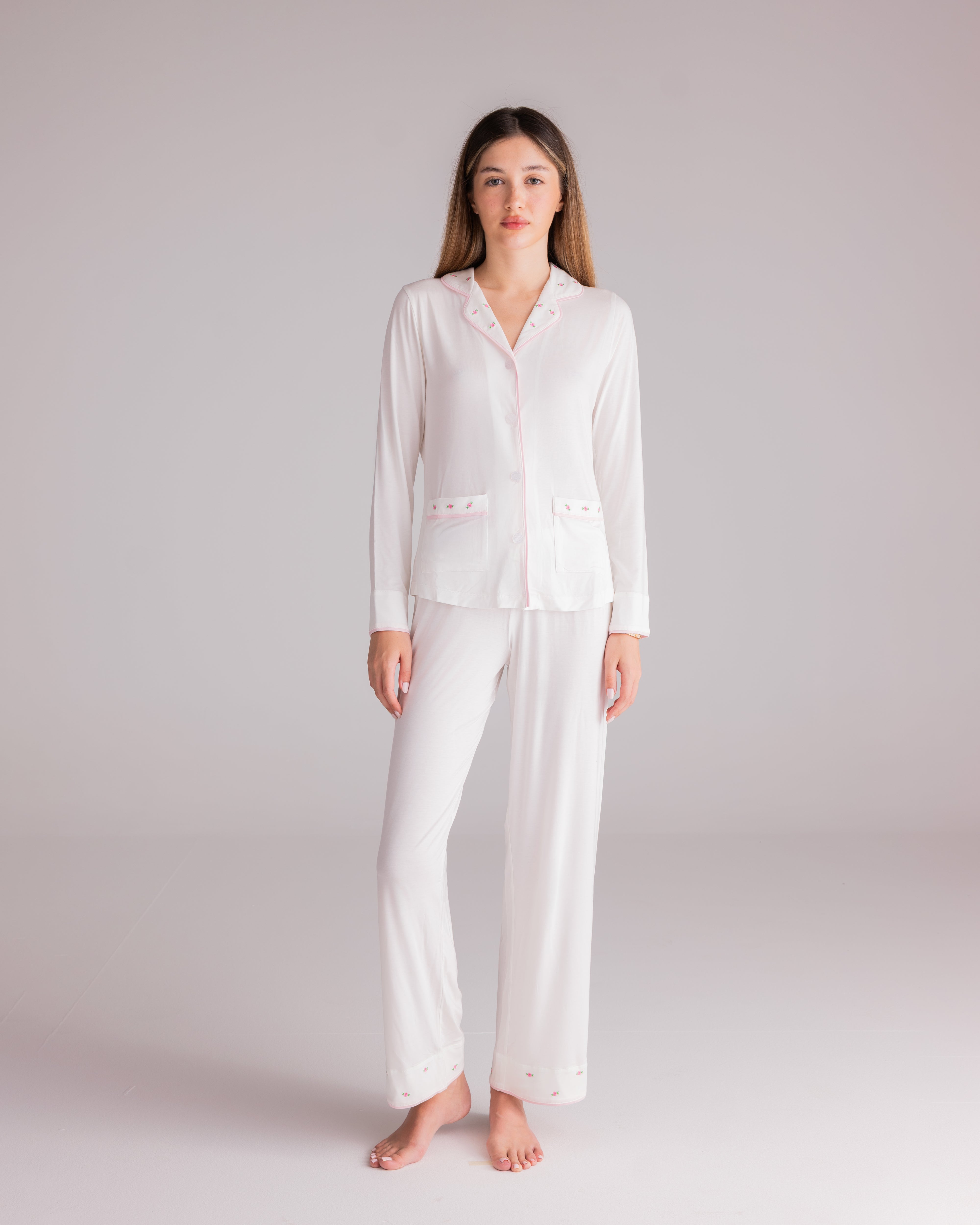 Ciel Long Set in White with Pink Embroidery - Flowers
