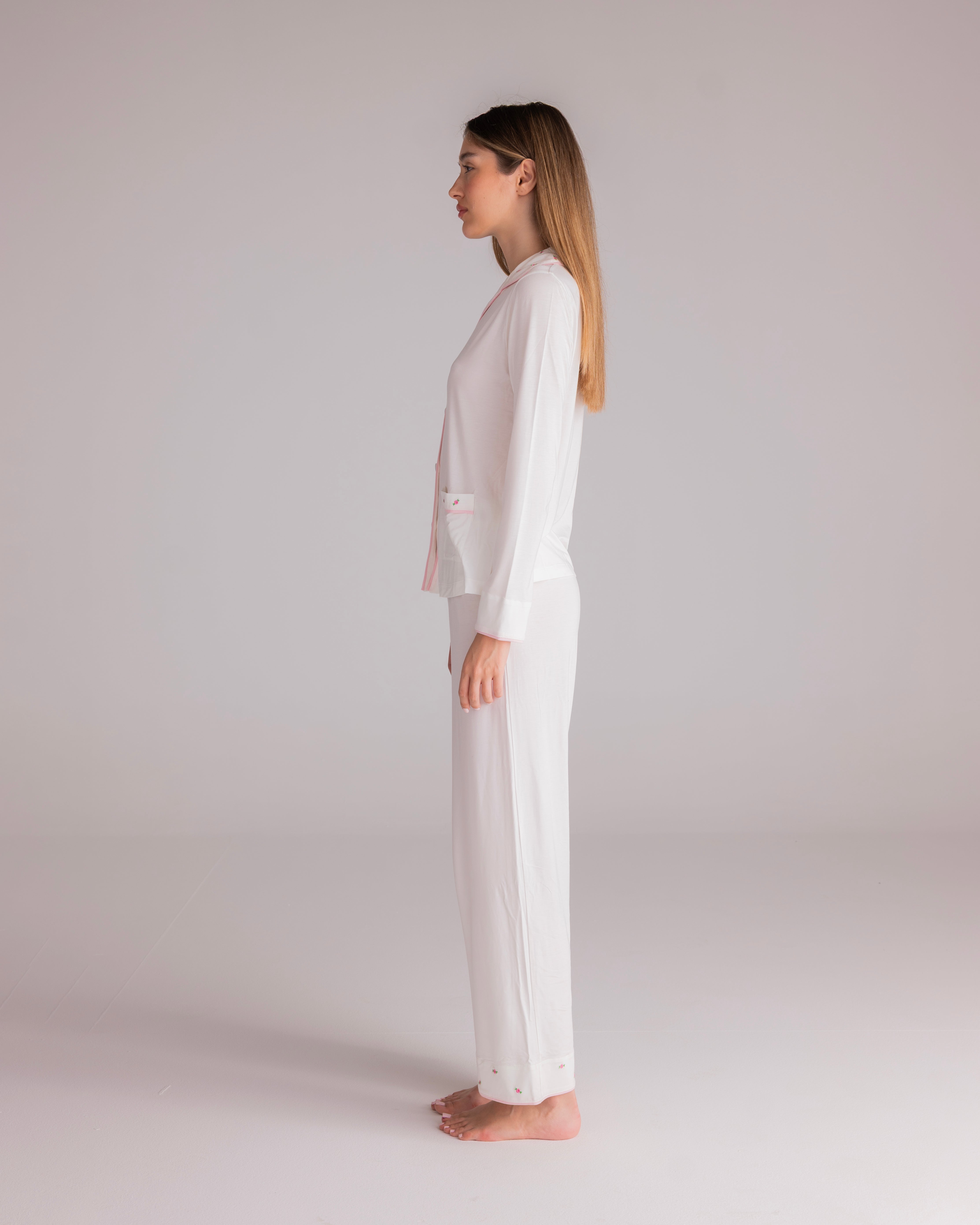 Ciel Long Set in White with Pink Embroidery - Flowers