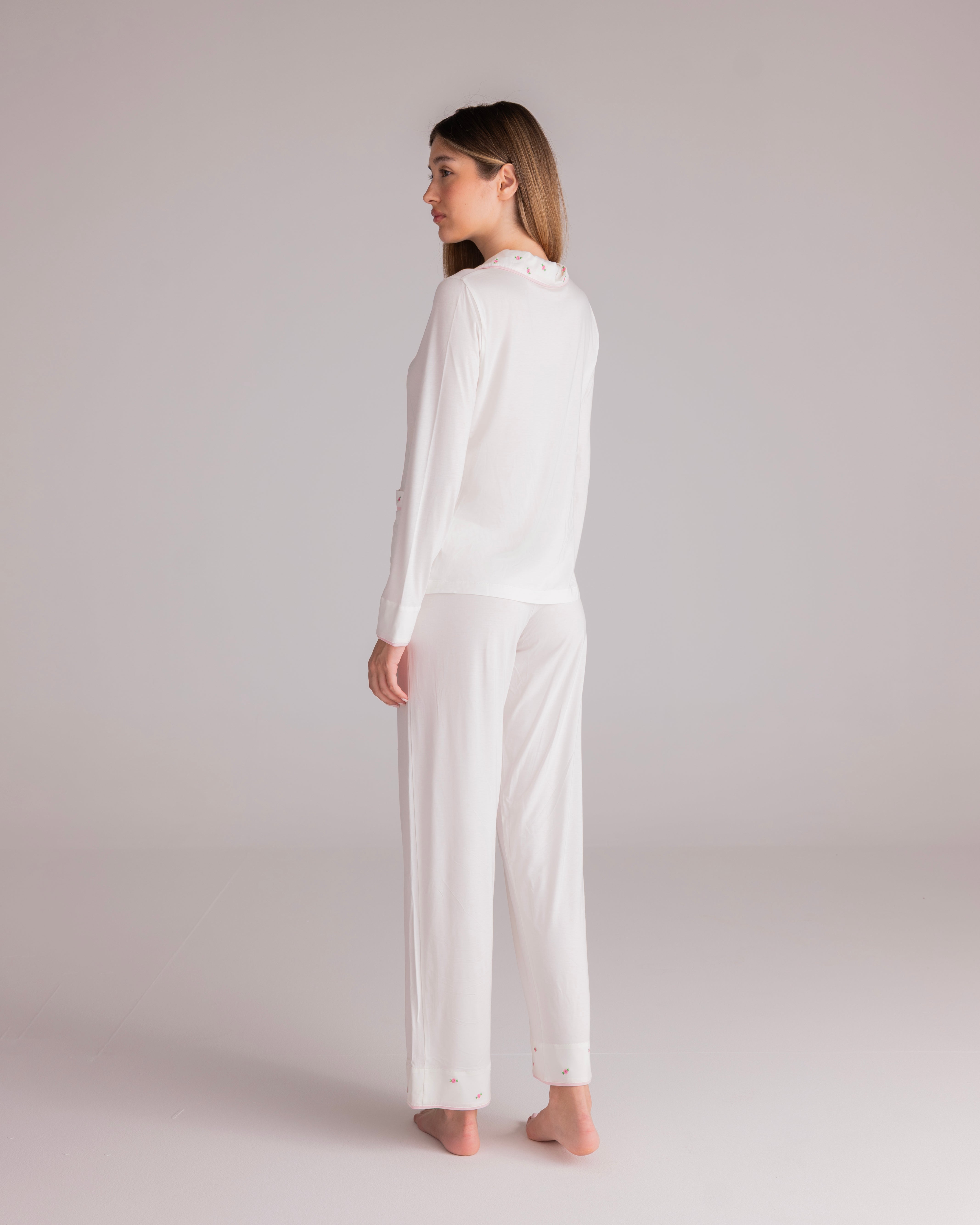 Ciel Long Set in White with Pink Embroidery - Flowers