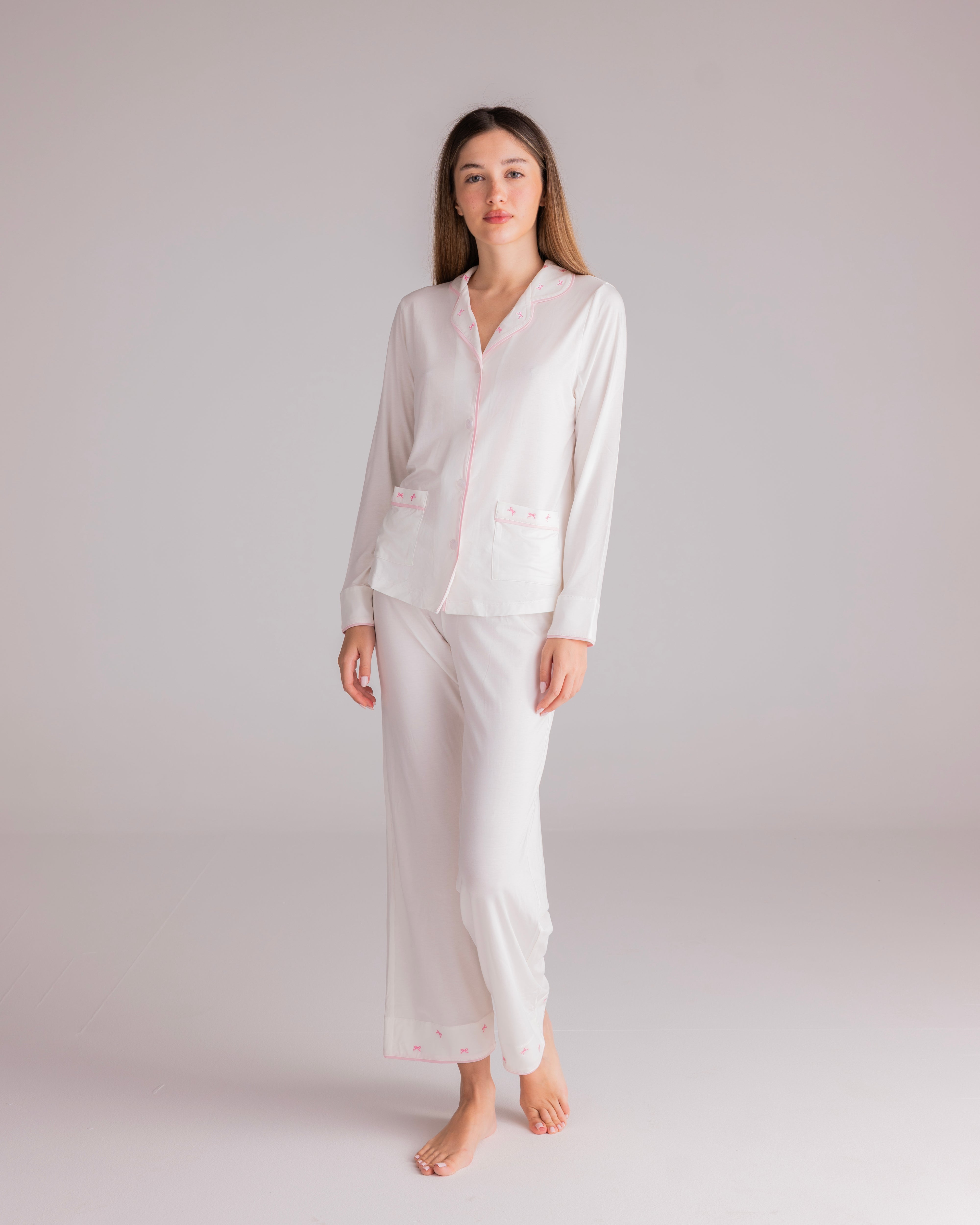 Ciel Long Set in White with Pink Embroidery - Bows