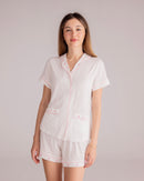 Ciel Short Set in White with Pink Embroidery - Bows