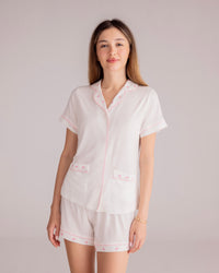 Ciel Short Set in White with Pink Embroidery - Bows