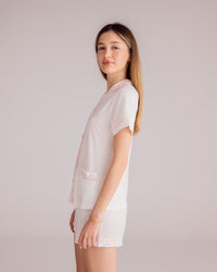 Ciel Short Set in White with Pink Embroidery - Bows