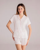 Ciel Short Set in White with Pink Embroidery - Flowers