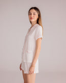 Ciel Short Set in White with Pink Embroidery - Flowers