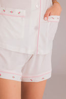 Ciel Short Set in White with Pink Embroidery - Flowers