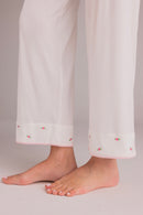 Ciel Long Set in White with Pink Embroidery - Flowers