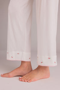 Ciel Long Set in White with Pink Embroidery - Flowers