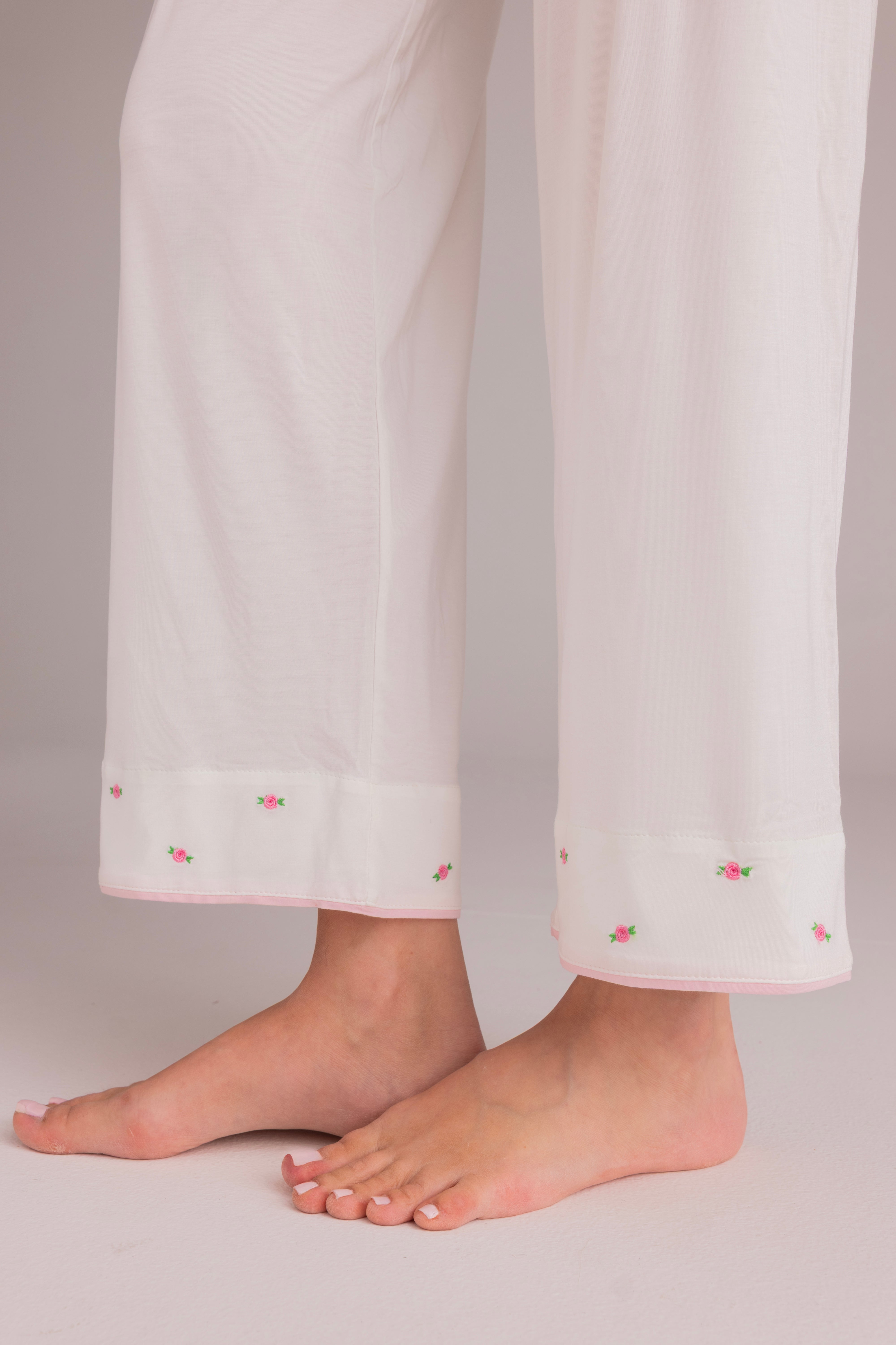 Ciel Long Set in White with Pink Embroidery - Flowers