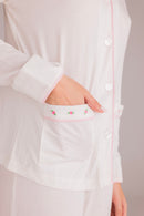 Ciel Long Set in White with Pink Embroidery - Flowers