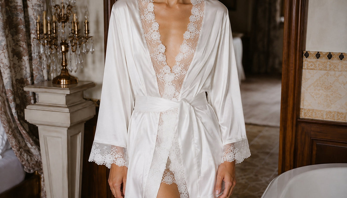 Ivory Rêve silk bridal robe with scalloped floral lace lapel and cuffs